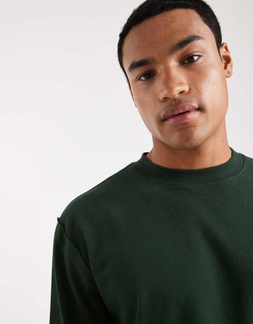 ASOS DESIGN - T-shirt a maniche lunghe comoda pesante verde scuro con bordi grezzi, 5 di 5