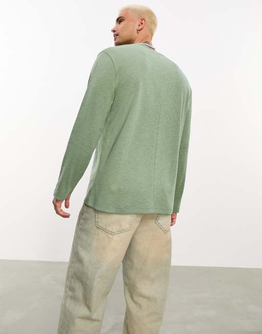 ASOS DESIGN - T-shirt a maniche lunghe comoda verde salvia in tessuto fiammato, 4 di 4