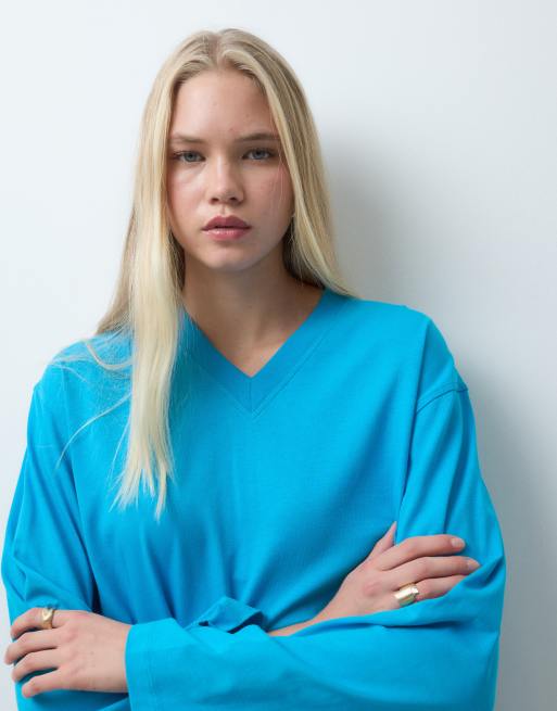 ASOS DESIGN T-shirt a maniche lunghe con scollo a V in turchese, 2 di 4