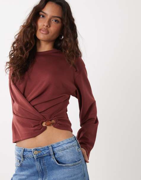 ASOS DESIGN T-shirt a maniche lunghe con vita arricciata e dettagli rifiniti in bordeaux - view 1