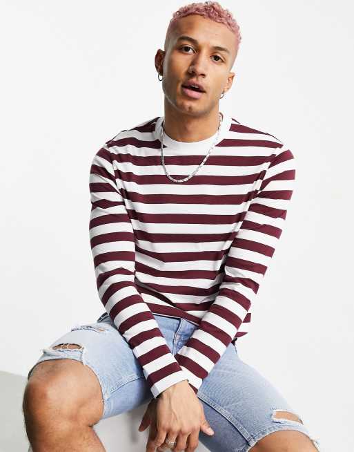 ASOS DESIGN - T-shirt a maniche lunghe in cotone a righe bordeaux