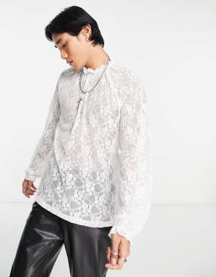 ASOS DESIGN - T-shirt a maniche lunghe in pizzo bianco con dettagli sulle maniche e sul collo