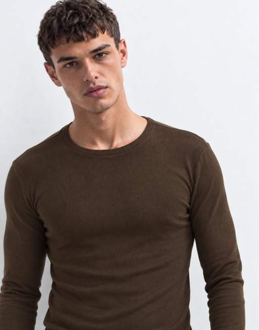 ASOS DESIGN t-shirt a maniche lunghe muscle fit in costina marrone, 10 di 10