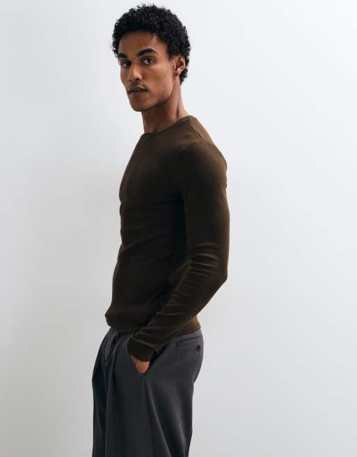 ASOS DESIGN t-shirt a maniche lunghe muscle fit in costina marrone, 4 di 10