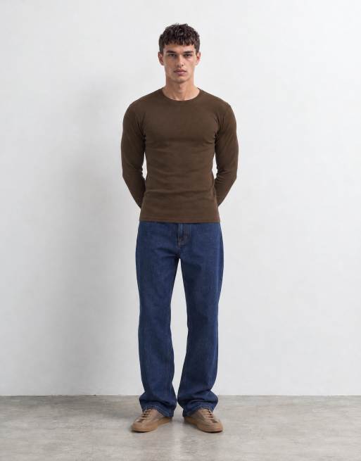 ASOS DESIGN t-shirt a maniche lunghe muscle fit in costina marrone, 6 di 10