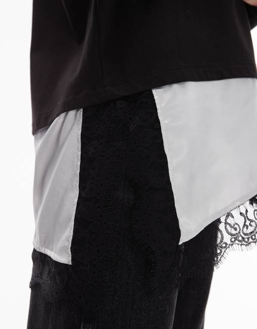 ASOS DESIGN - T-shirt a maniche lunghe nera con fondo asimmetrico in raso e pizzo, 2 di 4