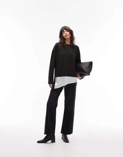 ASOS DESIGN - T-shirt a maniche lunghe nera con fondo asimmetrico in raso e pizzo, 3 di 4