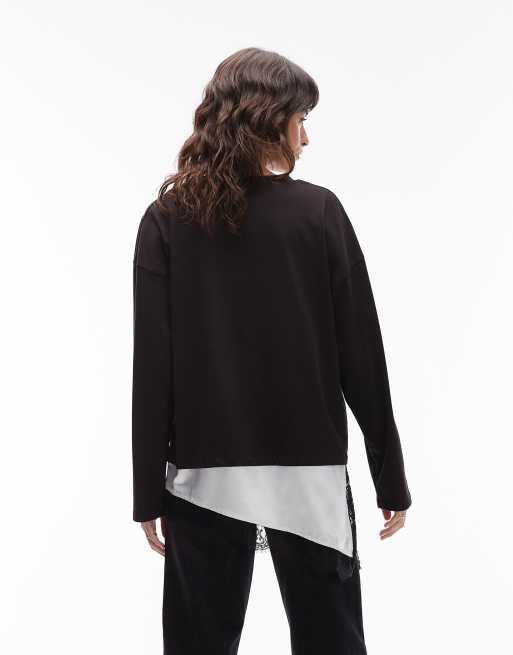 ASOS DESIGN - T-shirt a maniche lunghe nera con fondo asimmetrico in raso e pizzo, 4 di 4