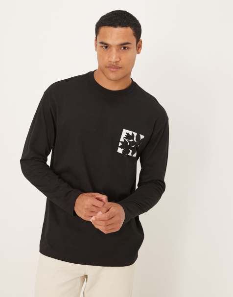 ASOS DESIGN - T-shirt a maniche lunghe nera con stampa di fiore piccolo sul petto - view 1