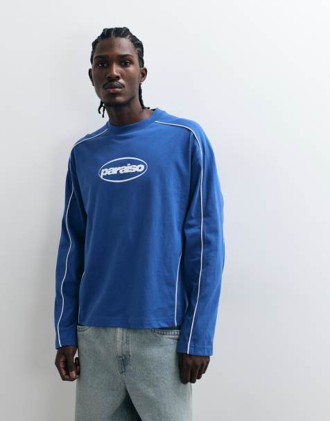 ASOS DESIGN - T-shirt a maniche lunghe oversize squadrata blu con grafica Paraiso - view 1
