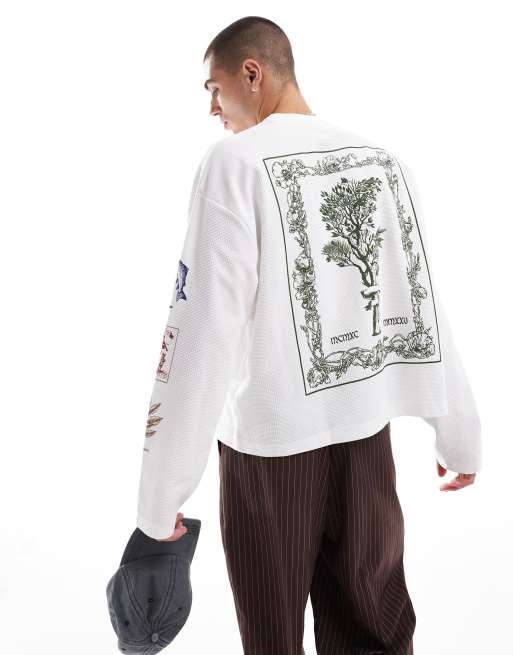 ASOS DESIGN - T-shirt a maniche lunghe oversize squadrata pesante 220 gsm bianca con stampe multiple