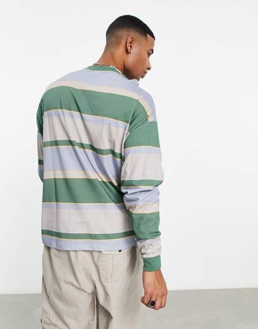 ASOS DESIGN - T-shirt a maniche lunghe oversize verde e neutro a righe, 2 di 4