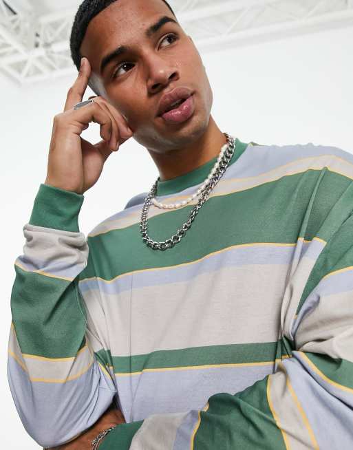 ASOS DESIGN - T-shirt a maniche lunghe oversize verde e neutro a righe, 3 di 4