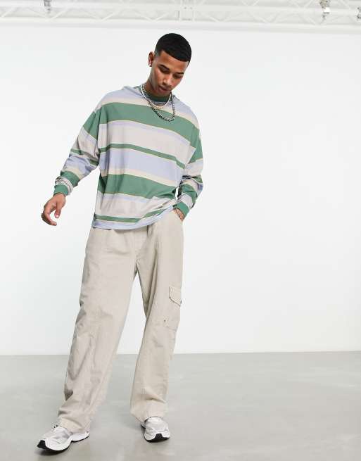 ASOS DESIGN - T-shirt a maniche lunghe oversize verde e neutro a righe, 4 di 4
