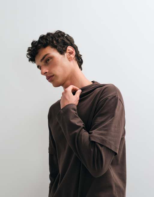 ASOS DESIGN - T-shirt a maniche lunghe pesante marrone con doppia manica, 2 di 5