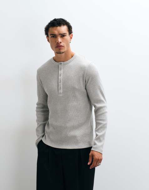 ASOS DESIGN - T-shirt a maniche lunghe pesante regular fit color crema mèlange con scollo serafino e tessuto a nido d'ape - view 1
