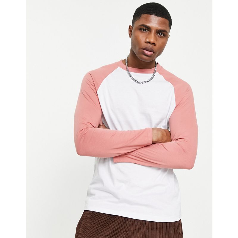 DESIGN - T-shirt a maniche lunghe raglan a contrasto bianco sporco e rosa
