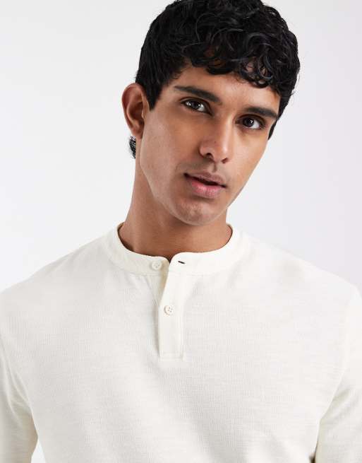 ASOS DESIGN - T-shirt a maniche lunghe regular fit color panna testurizzata con collo serafino , 5 di 5