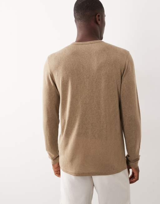 ASOS DESIGN - T-shirt a maniche lunghe regular fit marrone effetto lino con collo serafino, 4 di 5