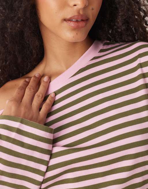 ASOS DESIGN - T-shirt a maniche lunghe rosa e verde a righe con spalla scoperta e vita stile corsetto, 2 di 4