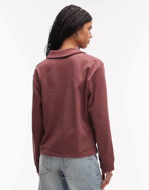 ASOS DESIGN - T-shirt a maniche lunghe rosa scuro con colletto stile rugby, 4 di 4