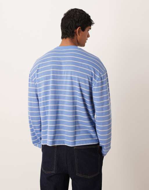 ASOS DESIGN - T-shirt a maniche lunghe squadrata oversize blu a righe bianche testurizzata , 3 di 5