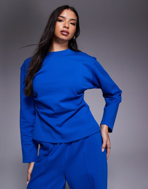 ASOS DESIGN - T-shirt a maniche lunghe stile corsetto in interlock blu in coordinato