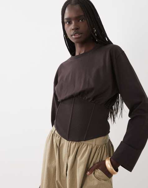 ASOS DESIGN T-shirt a maniche lunghe stile corsetto marrone - view 1