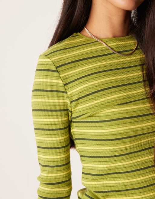 ASOS DESIGN - T-shirt a maniche lunghe verde a righe a coste, 3 di 4