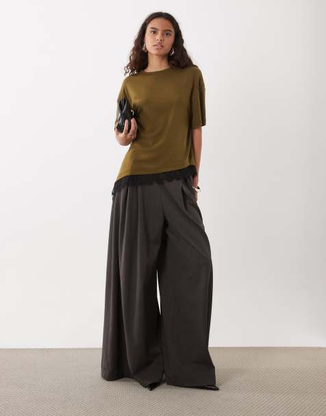 ASOS DESIGN t-shirt à ourlet en dentelle asymétrique kaki - view 1