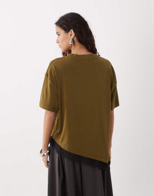 ASOS DESIGN t-shirt à ourlet en dentelle asymétrique kaki, 4 de 4