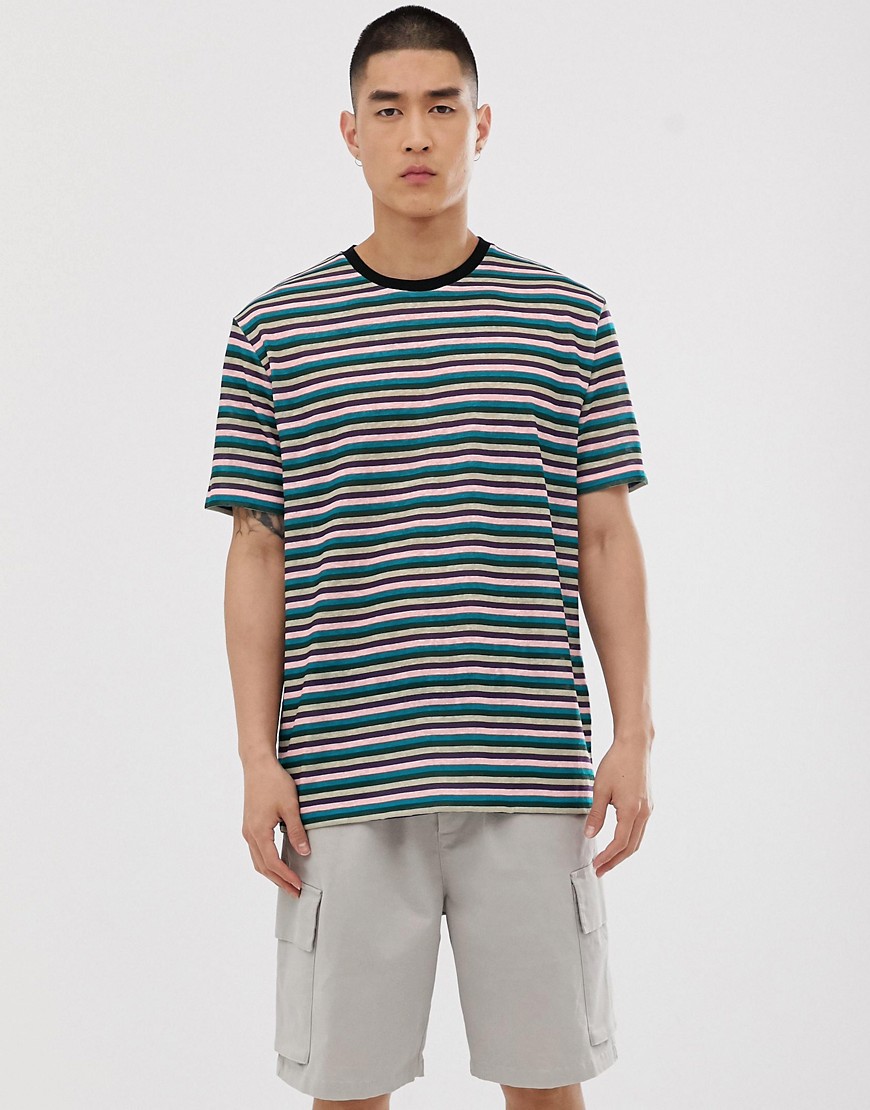 ASOS DESIGN - T-shirt a righe comoda effetto lino con scollo a coste a contrasto-Multicolore