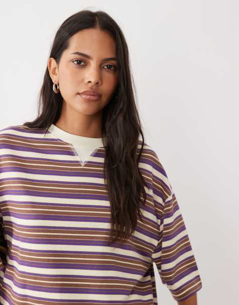 ASOS DESIGN T-shirt a righe con collo a contrasto in giallo limone e viola - view 1