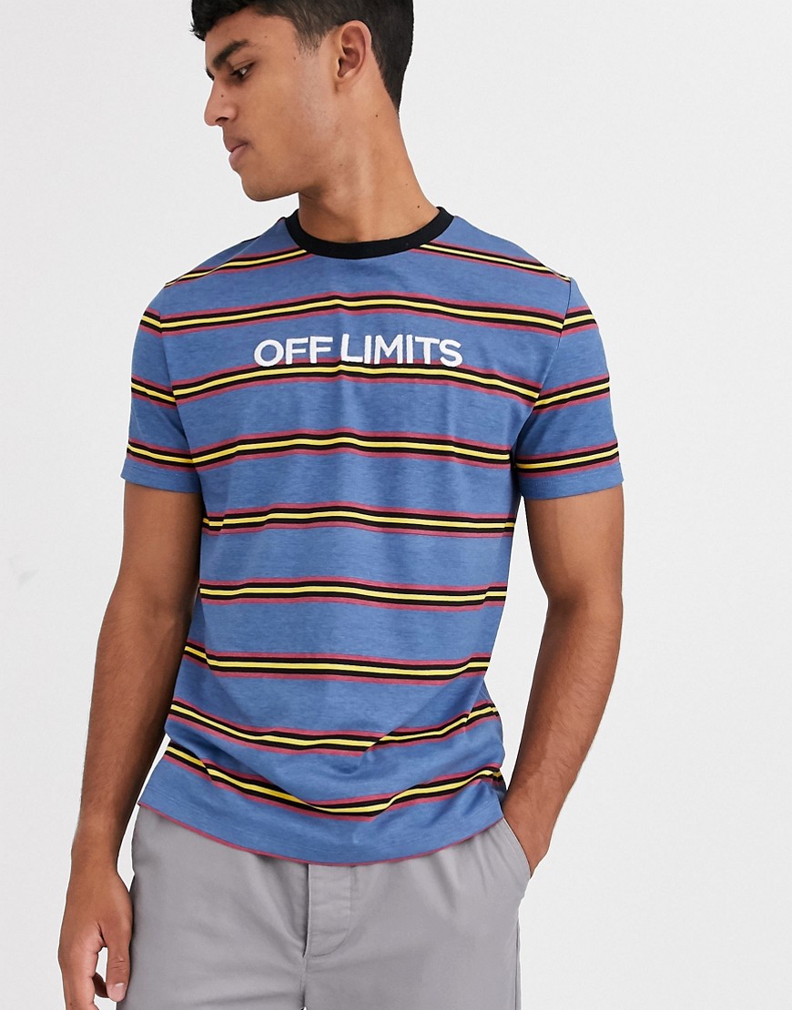 ASOS DESIGN - T-shirt a righe con scritta off limits ricamata-Multicolore
