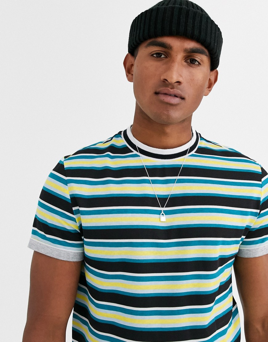 ASOS DESIGN - T-shirt a righe in cotone organico con maniche con risvolto e colletto con bordini-Multicolore