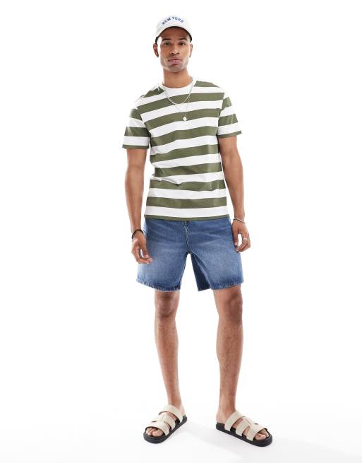 ASOS DESIGN - T-shirt a righe kaki e bianca, 3 di 4