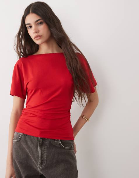 ASOS DESIGN - T-shirt à taille cintrée et manches ange avec détail en V au dos - Rouge - view 1