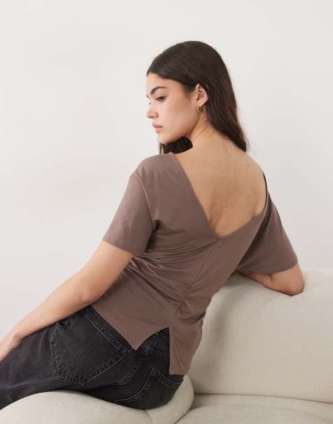 ASOS DESIGN - T-shirt à taille cintrée et manches ange avec dos en V - Marron - view 1