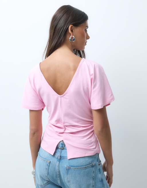 ASOS DESIGN - T-shirt à taille cintrée et manches ange avec dos en V - Rose pastel, 2 de 4