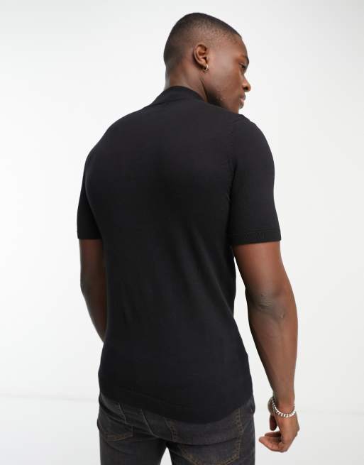 ASOS DESIGN - T-shirt accollata e attillata in maglia di cotone leggera nera, 2 di 4