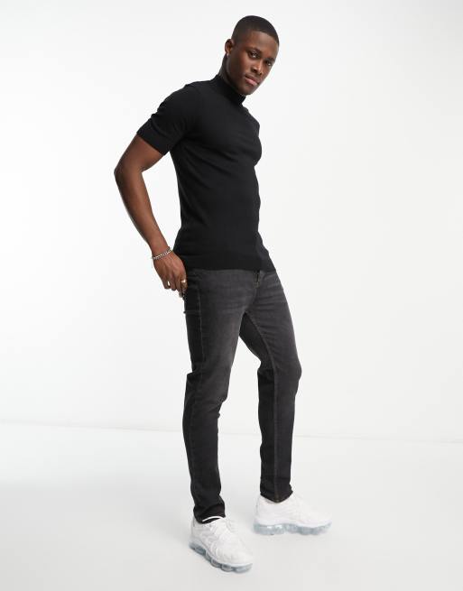 ASOS DESIGN - T-shirt accollata e attillata in maglia di cotone leggera nera, 3 di 4