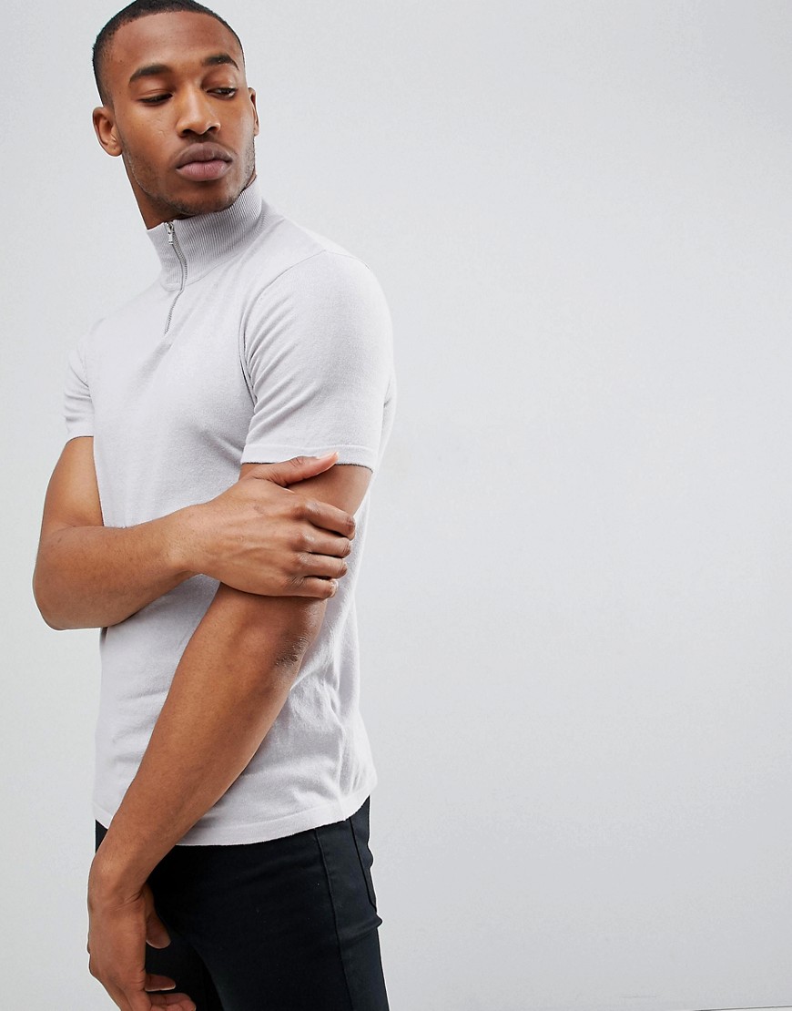 ASOS DESIGN - T-shirt accollata in maglia grigio pallido con zip