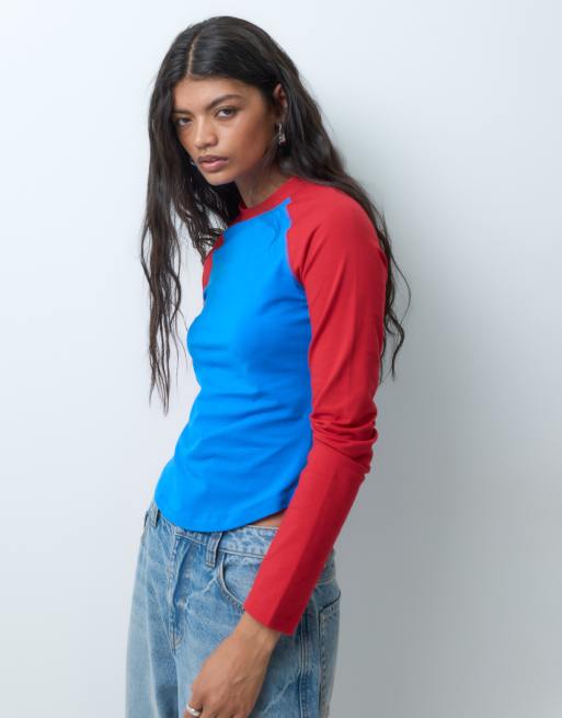 ASOS DESIGN t-shirt aderente a maniche lunghe raglan blu e rossa, 5 di 5