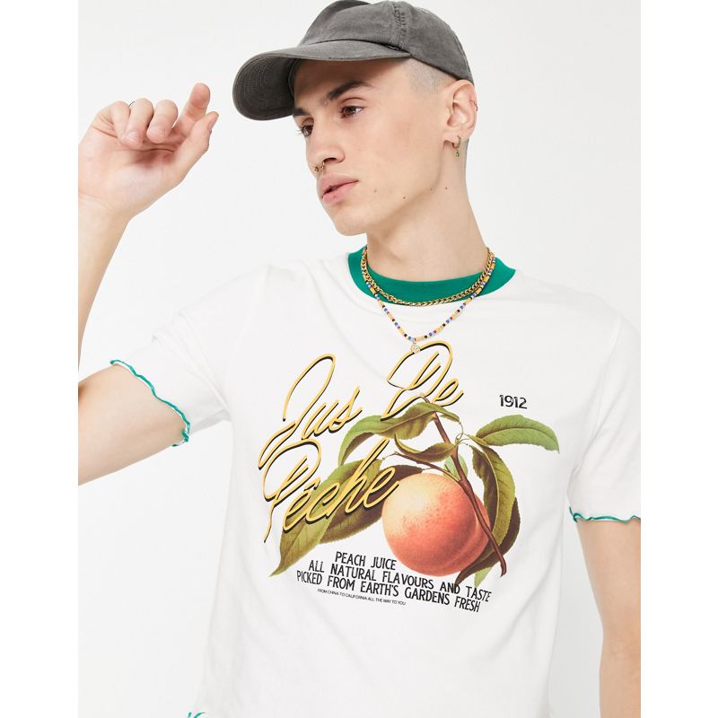 DESIGN - T-shirt aderente bianco sporco con stampa di frutta e profili a contrasto