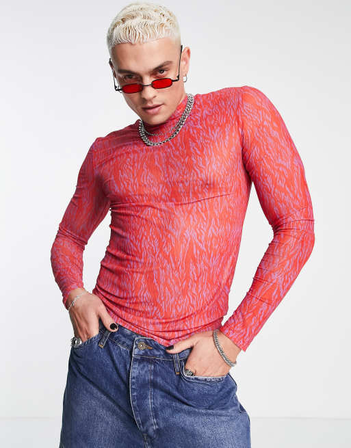 ASOS DESIGN - T-shirt aderente dolcevita in rete rossa stampata a maniche lunghe