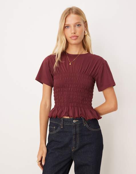 ASOS DESIGN - T-shirt aderente in cotone bordeaux con vita arricciata - view 1