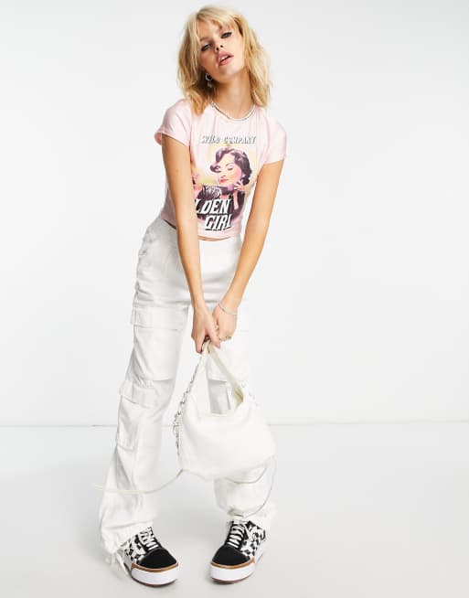 ASOS DESIGN - T-shirt aderente rosa con grafica "Golden Girl", 3 di 4