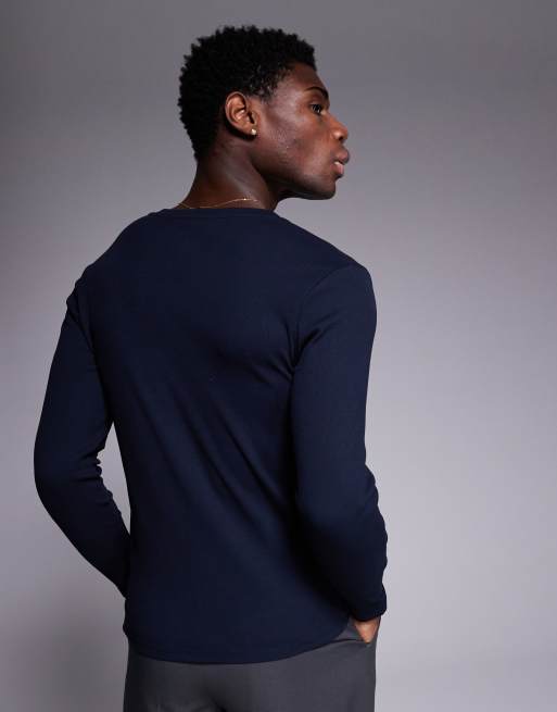 ASOS DESIGN - T-shirt aderente squadrata con bottoni a maniche lunghe a coste blu navy, 3 di 4