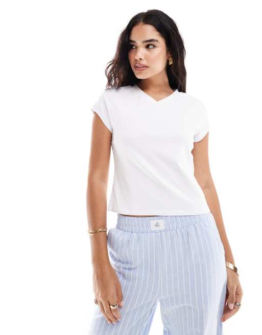 ASOS DESIGN - T-shirt ajusté à col en V et mancherons - Blanc