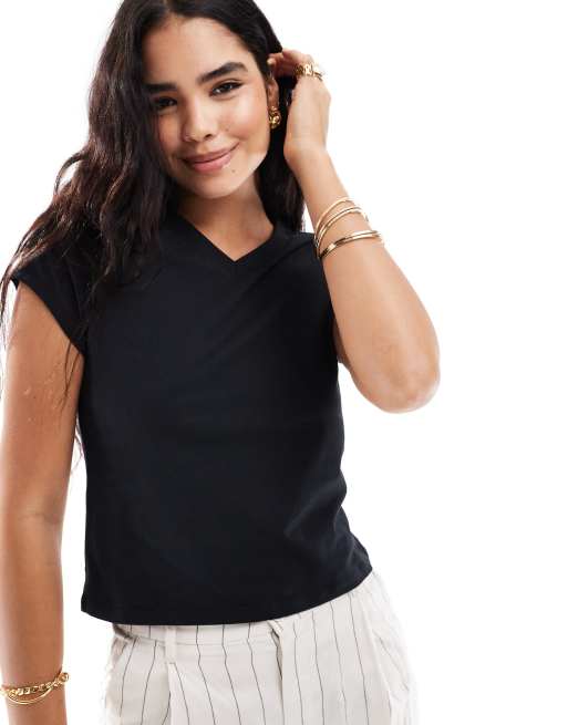 ASOS DESIGN - T-shirt ajusté à col en V et mancherons - Noir